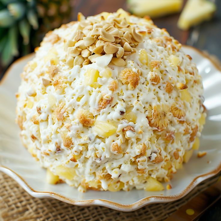 a white plate topped with a cake covered in frosting and pineapple toppings