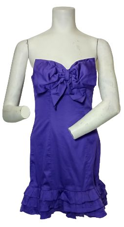 Minuet purple bow/ruffle edge strapless dress