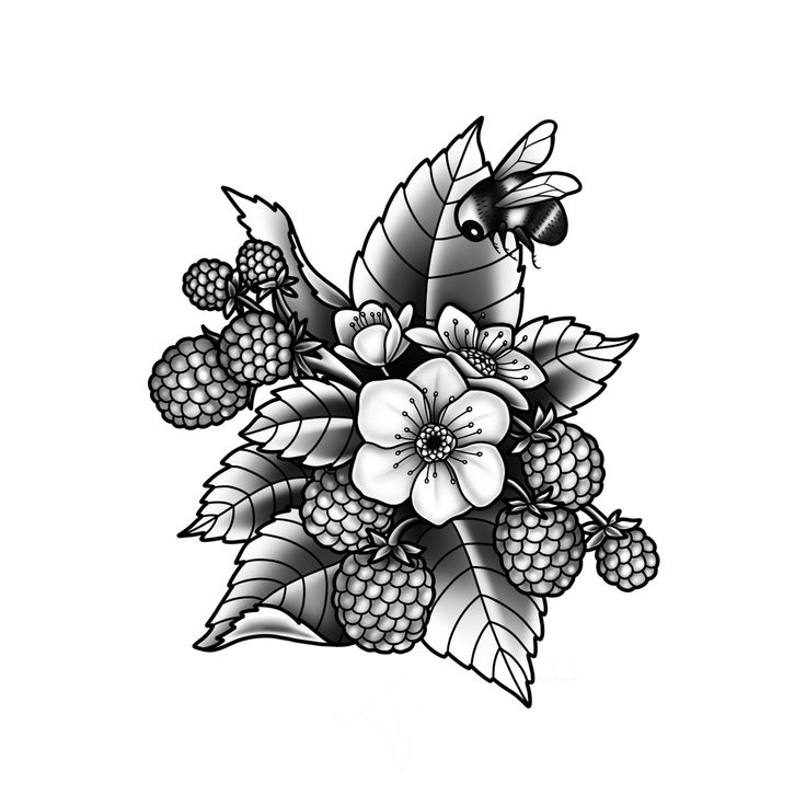 a bouquet of flowers with leaves and berries in black and white colors on a white background