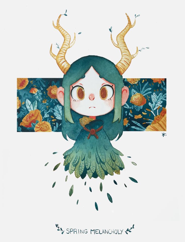 an illustration of a girl with horns on her head and flowers in the background that says spring melancholy