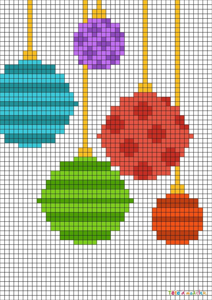 three different colored ornaments hanging from strings on a white background with text that reads free pattern