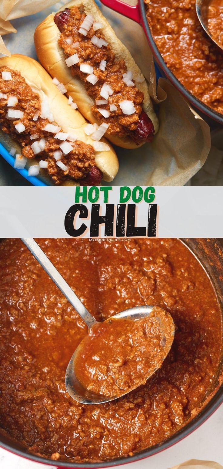 hot dog chili is in a red bowl with a spoon next to it and the recipe has been cooked