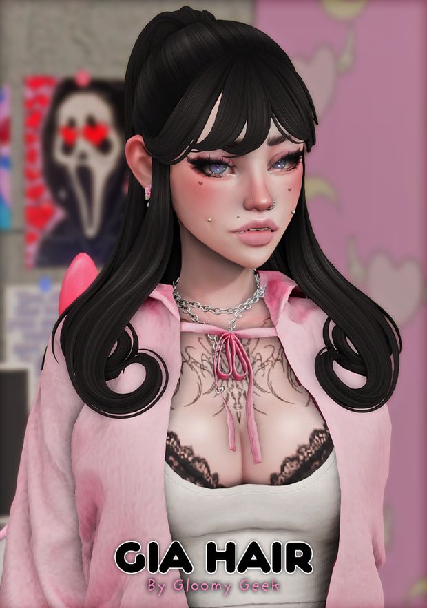 an animated image of a woman with long black hair and piercings on her chest