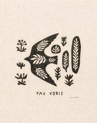 a black and white drawing of a bird with leaves on it's wings, saying pay vodis