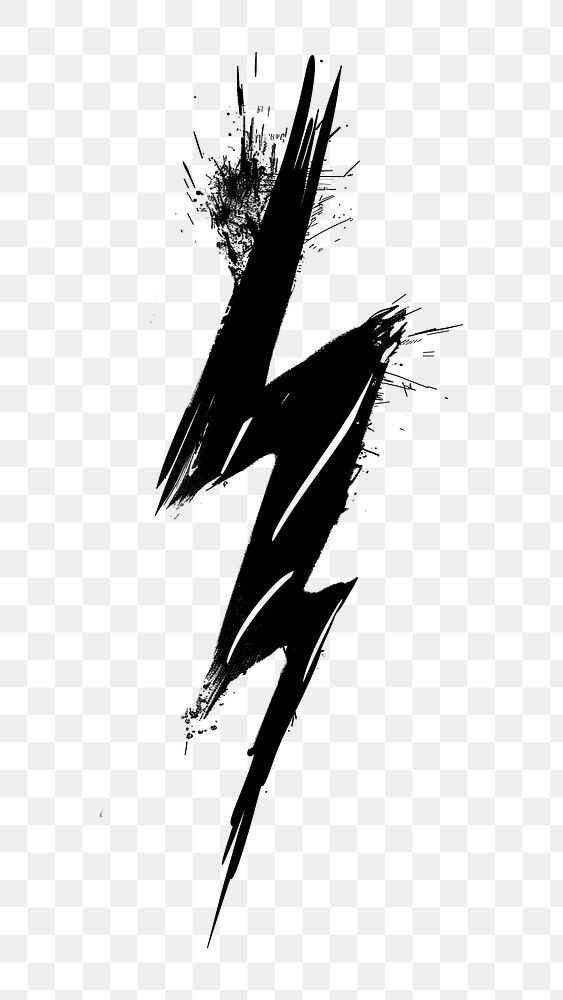 a black and white lightning bolt with paint splatters on it, transparent background