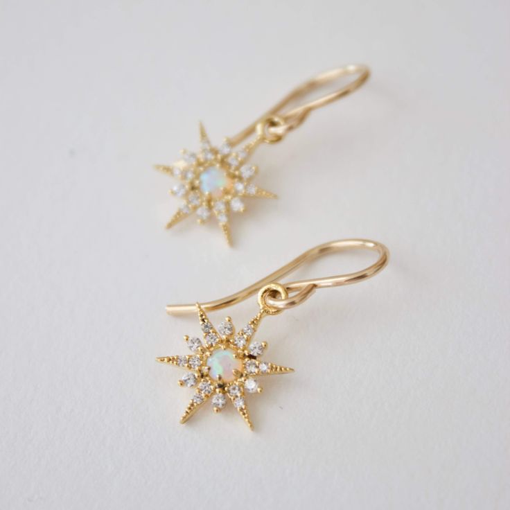 Opal starburst earrings Gold-filled simple earwires 16kt gold plate synthetic opal star earrings Opal Jewelry In Yellow Gold With Matching Earrings, Yellow Gold Opal Jewelry With Matching Earrings, Celestial 14k Gold Dangle Earrings, 14k Gold Celestial Dangle Earrings, 14k Gold Star Shaped Pierced Jewelry, Celestial Drop Earrings For Everyday, Dainty Round Earrings With Star Charm, Dainty 14k Gold Star Charm Earrings, Dainty 14k Gold Earrings With Star Charm