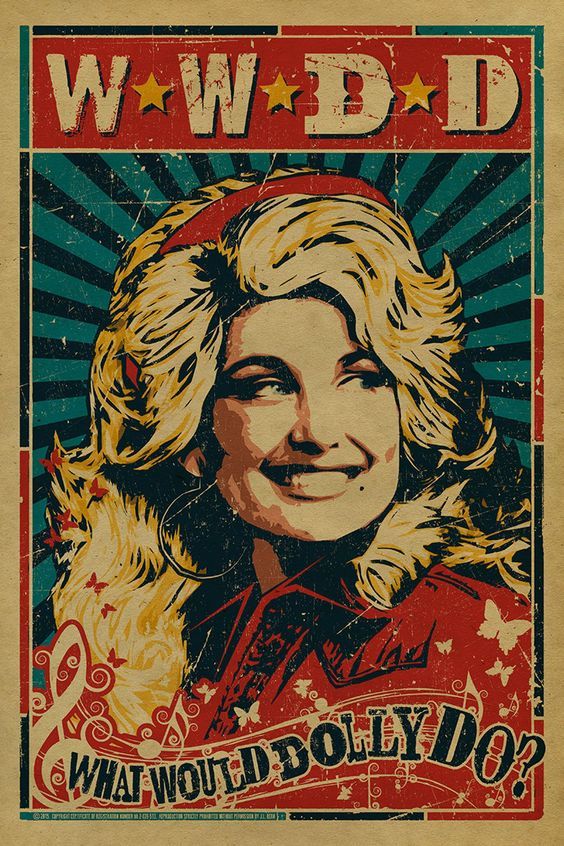 an old poster with a woman's face and stars in the background that says ww b d what would dolly do?