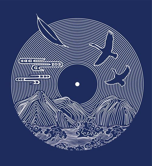 an image of a record with mountains in the background and birds flying around it, on a dark blue background