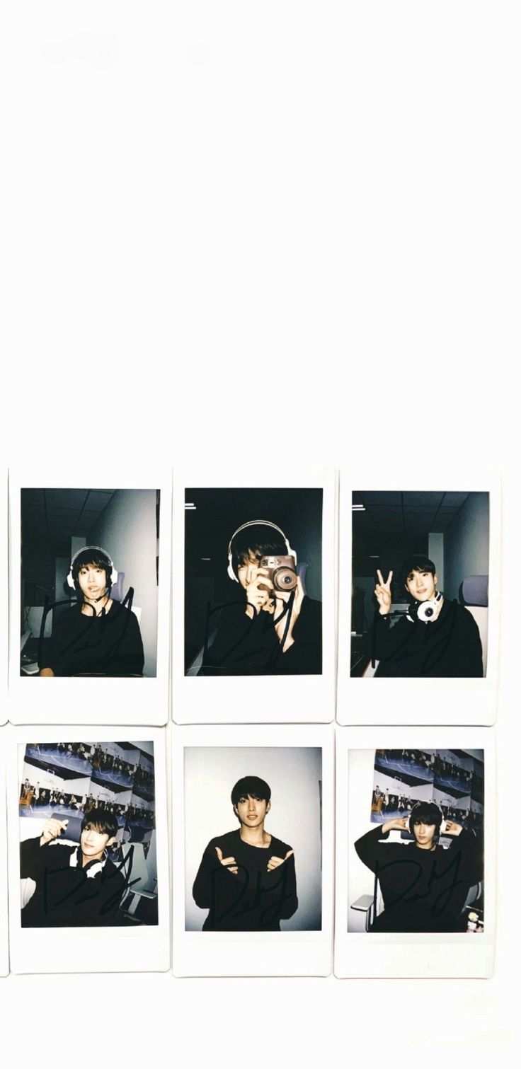 six polaroid photographs of young men with headphones on their ears and one holding a cell phone up to his ear