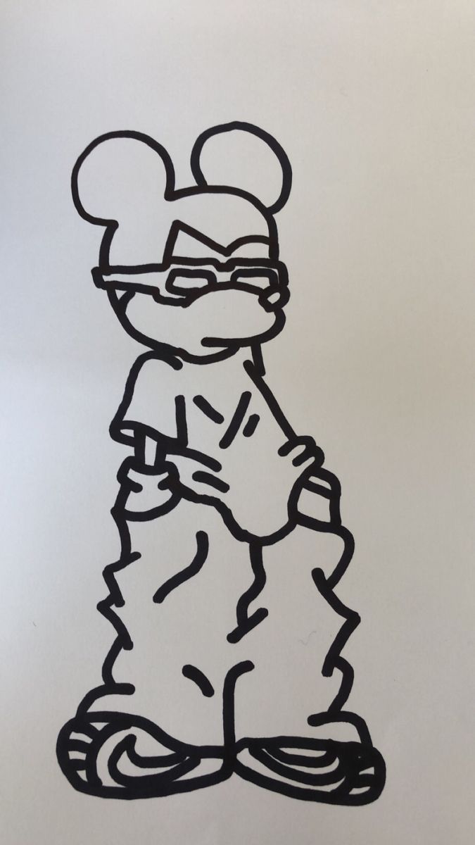 a drawing of mickey mouse with glasses on it's head and his arms crossed