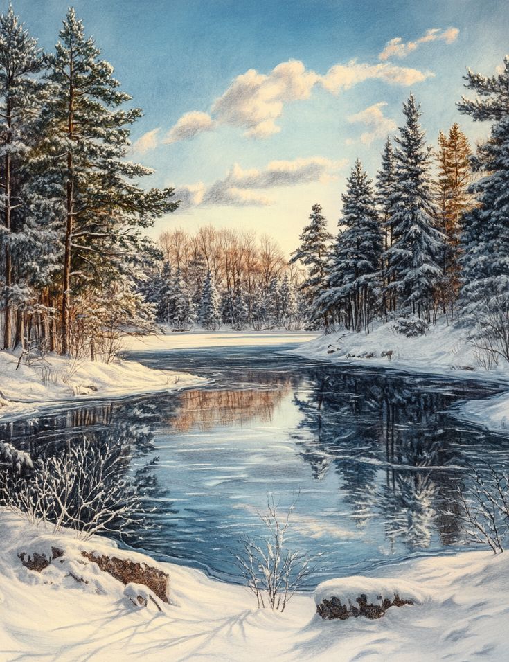 a painting of snow covered trees and water