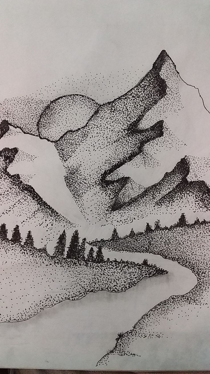 a drawing of a mountain with trees on it's side and water in the middle