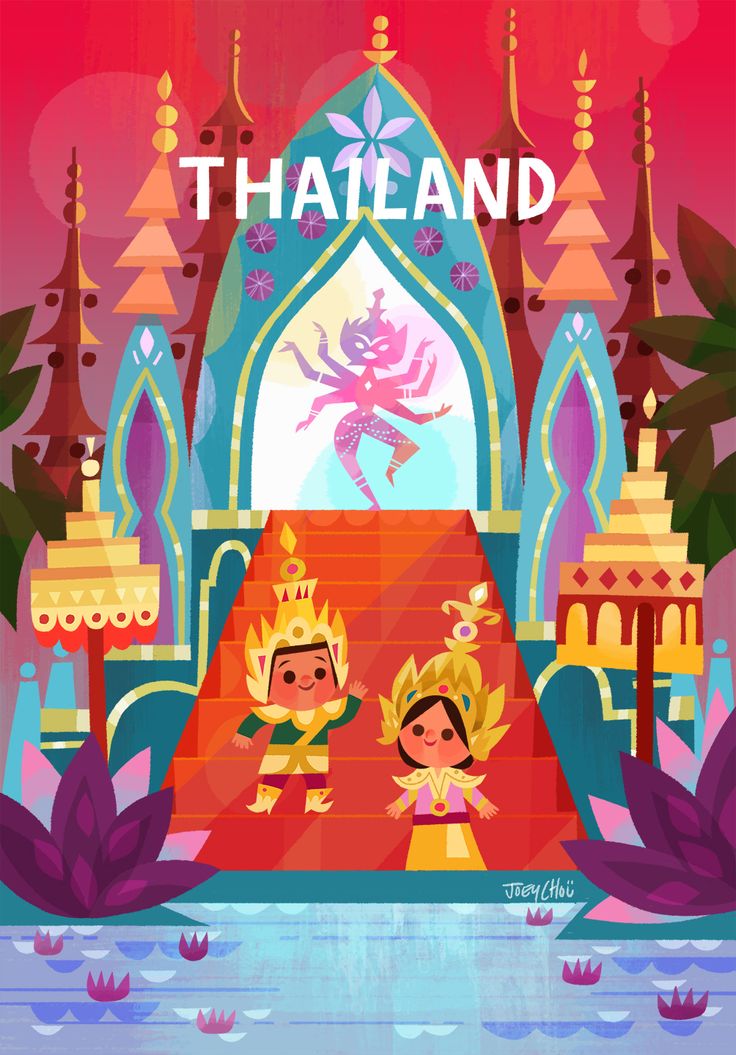 an illustration of two children in front of a castle with the words thailand on it