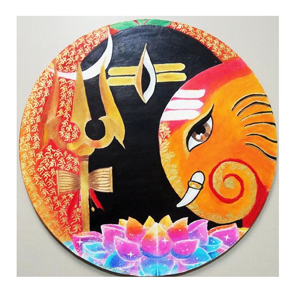 an artistic painting on a plate with the image of lord ganeshra and his elephant god