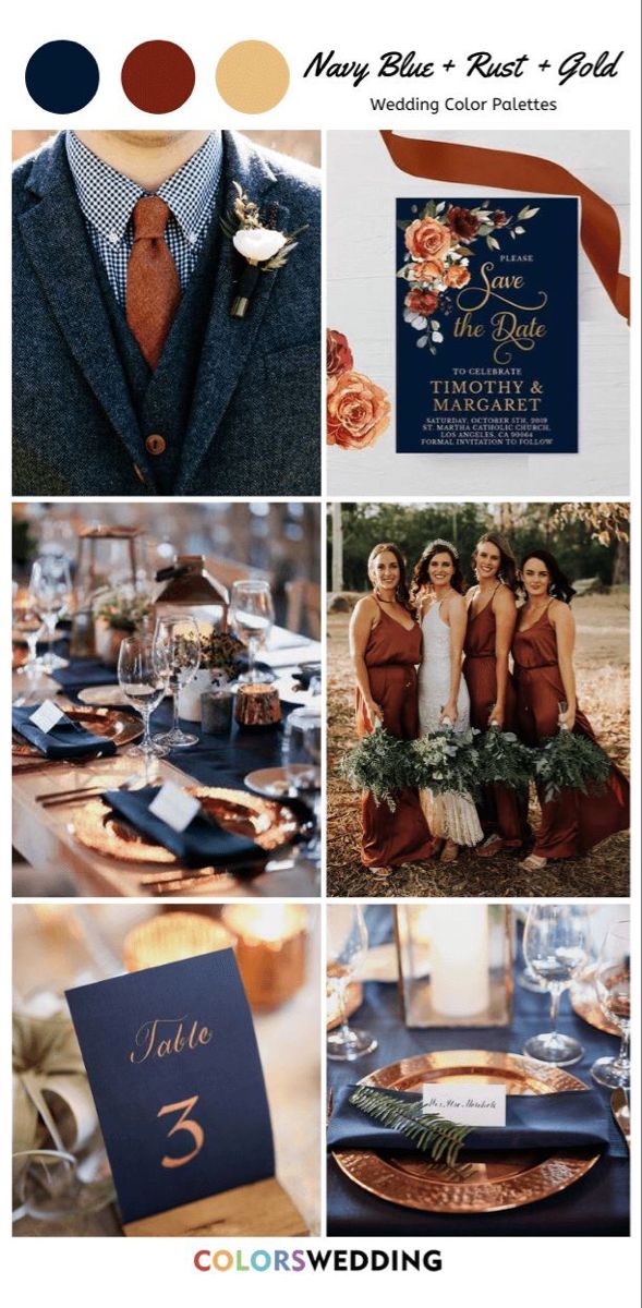 the wedding color scheme is blue and orange