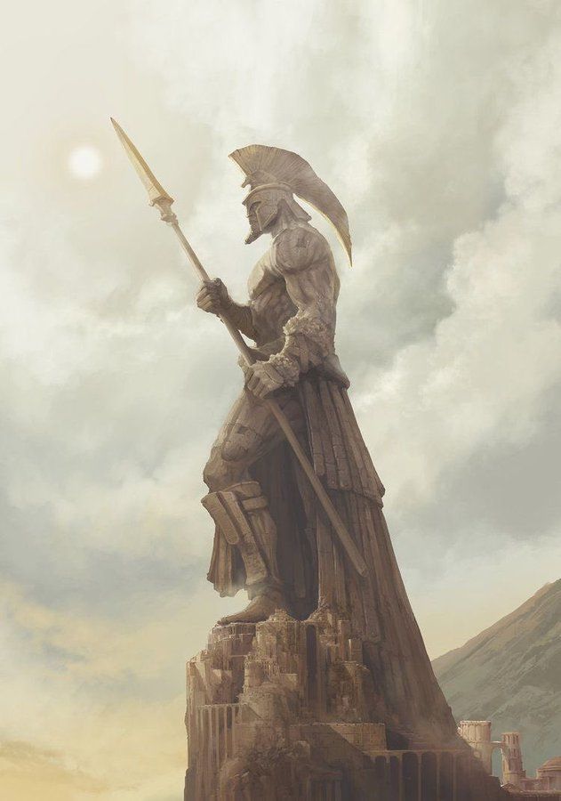 the statue is holding an umbrella and standing on top of a hill with mountains in the background