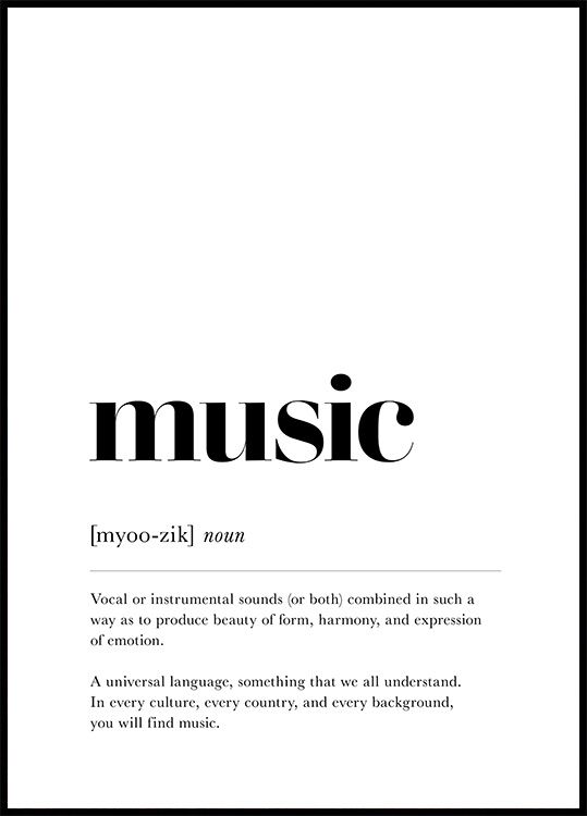 an advertisement with the words music in black and white, as well as text that reads