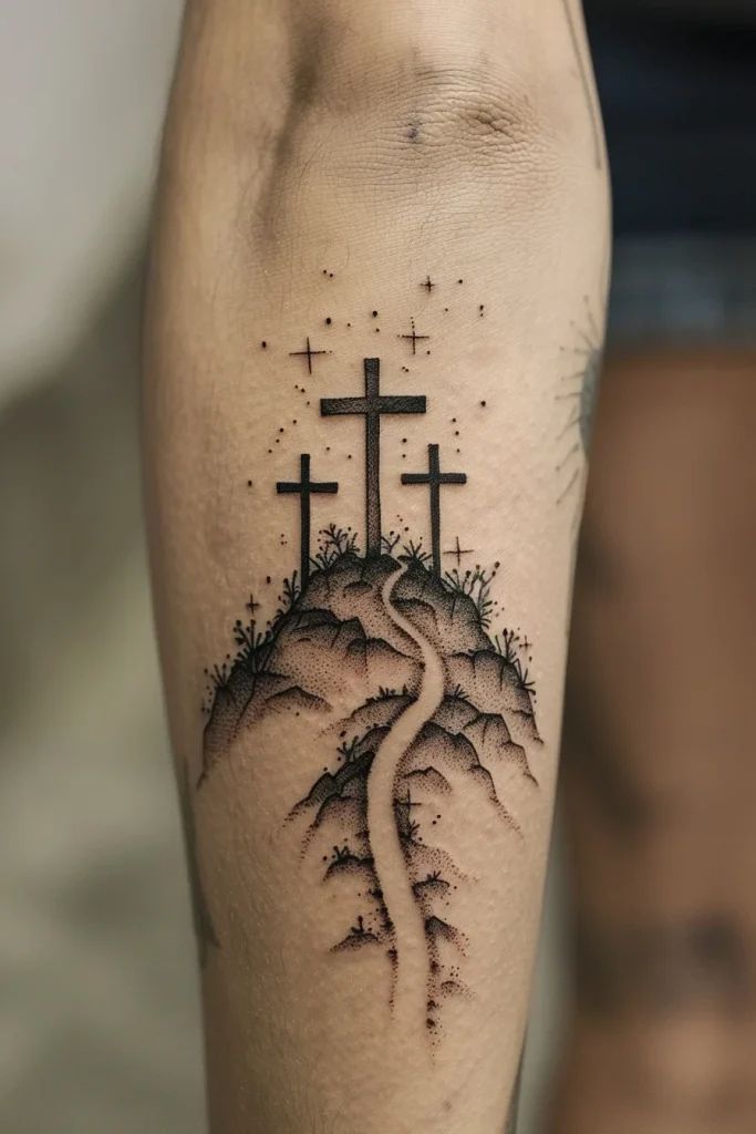 a cross on top of a hill with a river running through it and stars in the sky