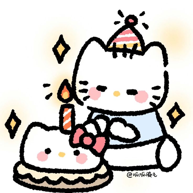 a drawing of a hello kitty with a birthday cake on it's lap,