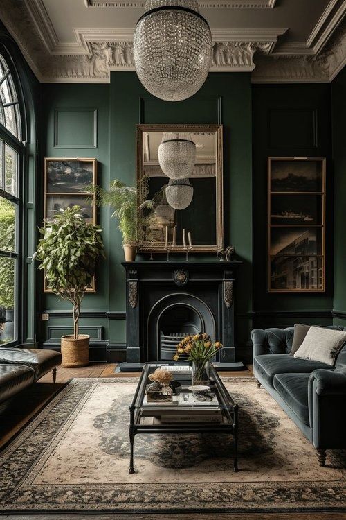 a living room with green walls and furniture