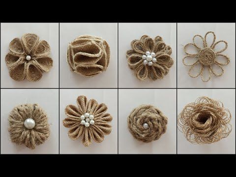 several different types of flowers made out of jute twine with pearls in the center