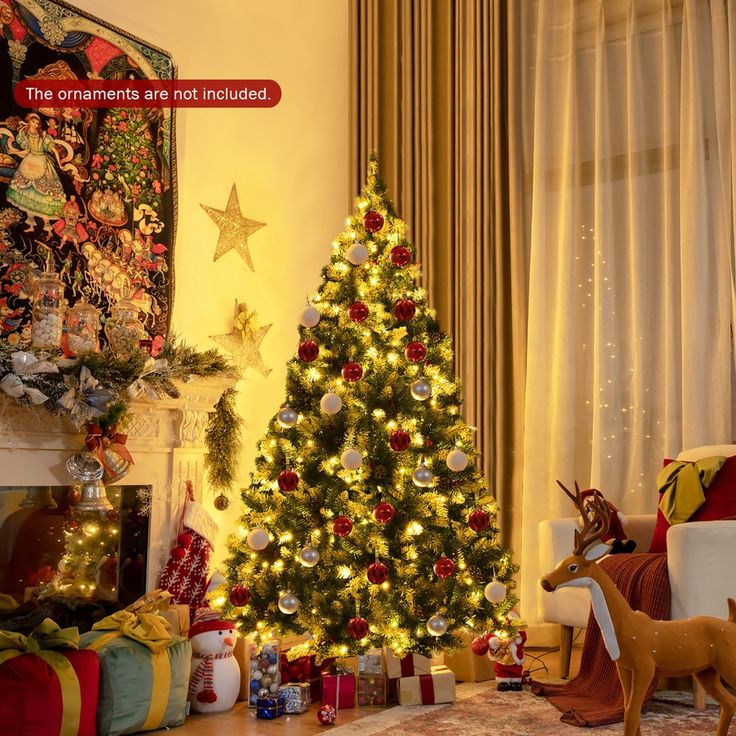 a living room with a christmas tree and presents