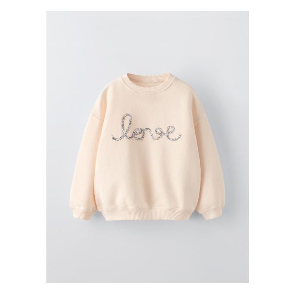 “LOVE” FLOWER SWEATSHIRT Beige Letter Print Sweater For Spring, Cream Letter Print Sweater For Winter, Pink Long Sleeve Hoodie With Embroidered Text, Winter Cream Sweater With Letter Print, Cream Winter Sweater With Letter Print, Cute Sweatshirt With Text Print And Long Sleeves, Cute Long Sleeve Sweatshirt With Text Print, Cute Zara Long Sleeve Sweatshirt, Cream Letter Print Top For Winter