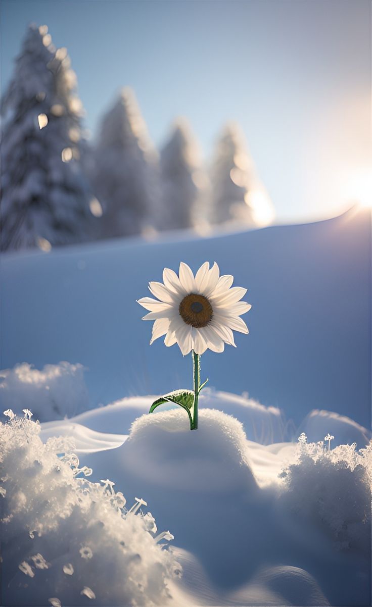 a single white sunflower sitting in the middle of snow covered ground with pine trees in the background