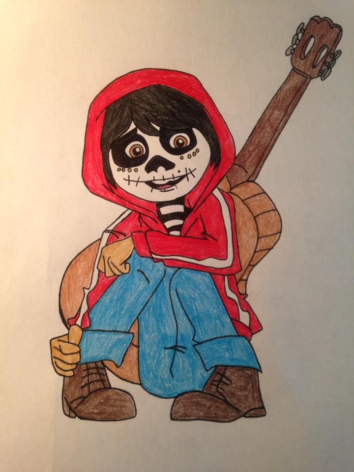 a child's drawing of a skeleton in a red hoodie holding a guitar