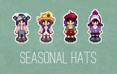 four pixelated characters with the words seasonal hats in front of them on a green background