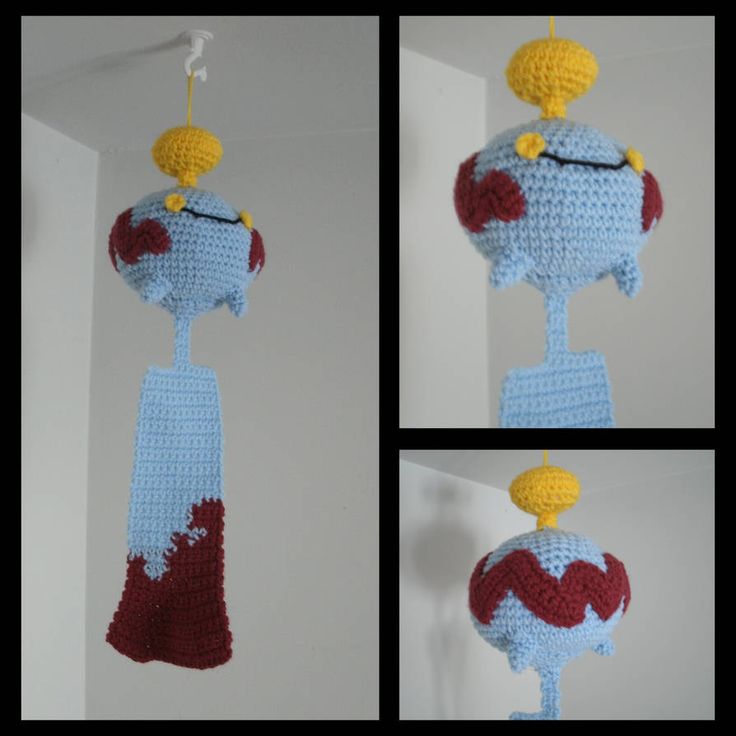 three pictures of a crocheted toy hanging from a hook, one with a hat and tie on it