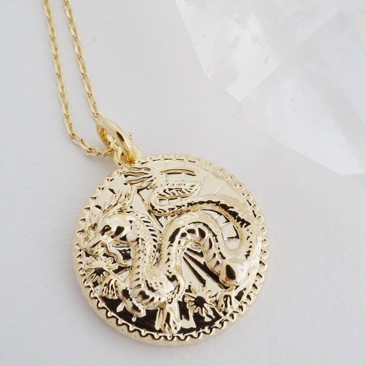 Chinese Zodiac Coin Necklace by HONEYCAT Jewelry Dragon Design Jewelry Gift, Dragon Design Jewelry For Gift, Dragon Design Amulet Jewelry As Gift, Dragon Design Amulet Jewelry Gift, Zodiac Sign Pendant Jewelry Gift, Round Dragon Design Jewelry For Gifts, Amulet Jewelry With Dragon Design For Gift, Yellow Gold Dragon Design Jewelry Gift, Round Dragon Design Necklace For Gift