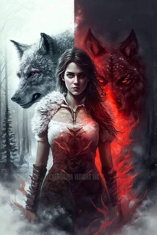 a woman standing next to a wolf on top of a red and white wallpaper