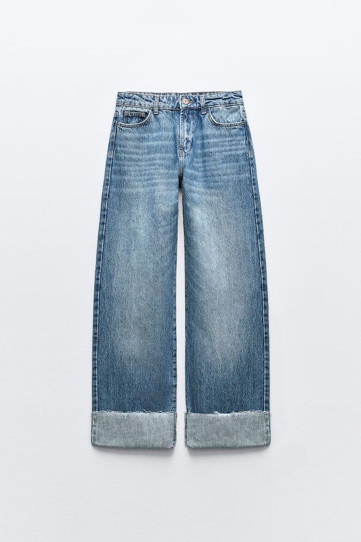 Z1975 HIGH WAIST CUFFED STRAIGHT CUT JEANS - Mid-blue | ZARA United States Jean Zara, Outfit Inso, Straight Cut Jeans, Cuffed Jeans, School Shopping, Waist Jeans, Zara Jeans, Pocket Jeans, Looks Style