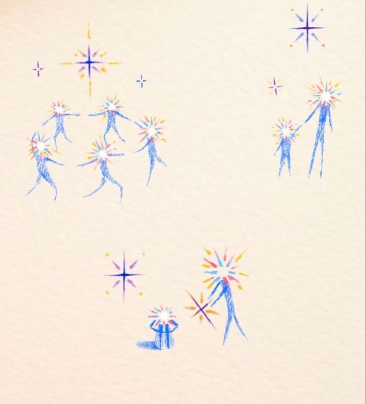 an artistic drawing of fireworks and stars on a white paper with watercolor pencils