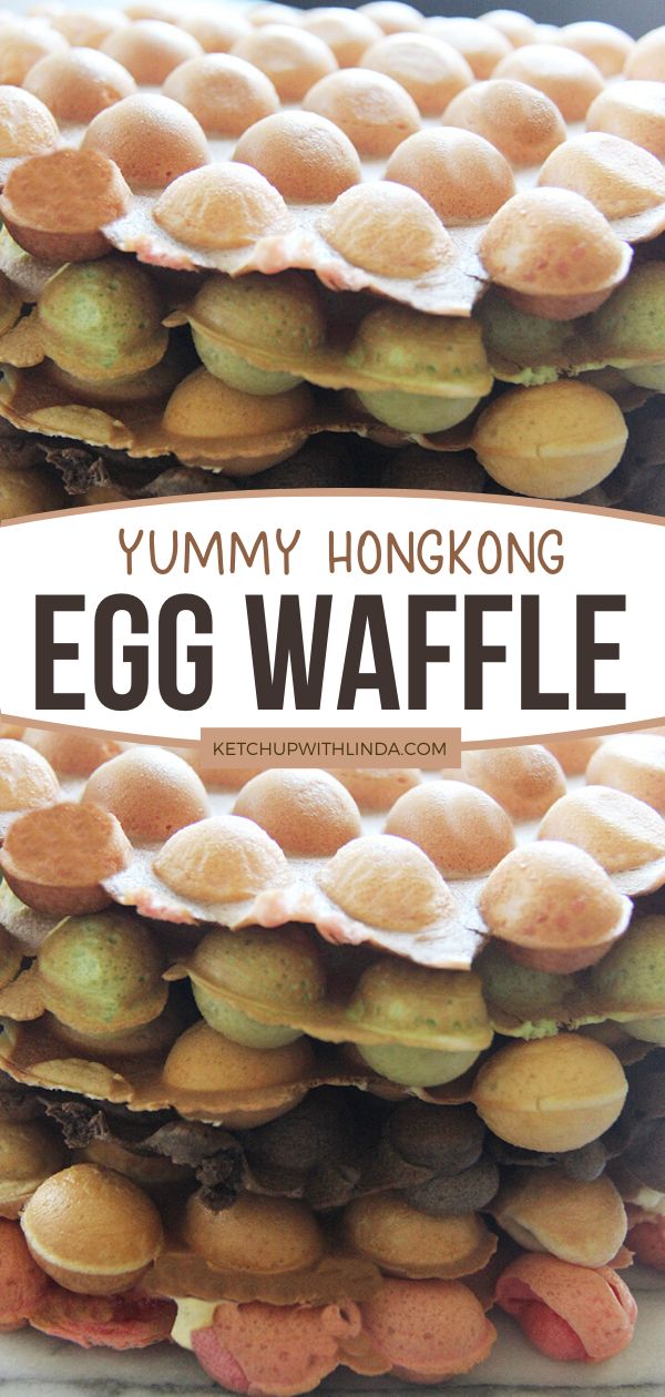 an egg waffle stacked on top of each other with the words yummy hong egg waffle