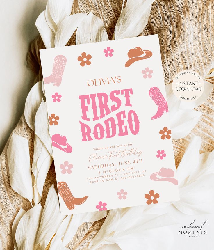 First Rodeo Invitation Girl 1st Birthday Party Themes, Cowgirl Themed First Birthday, Baby First Rodeo Party Girl, Babies First Rodeo Birthday, Baby First Rodeo Party, First Rodeo Birthday Invitations, Western Girl Birthday Party, Girl First Rodeo Birthday, 1st Rodeo Birthday Party Girl