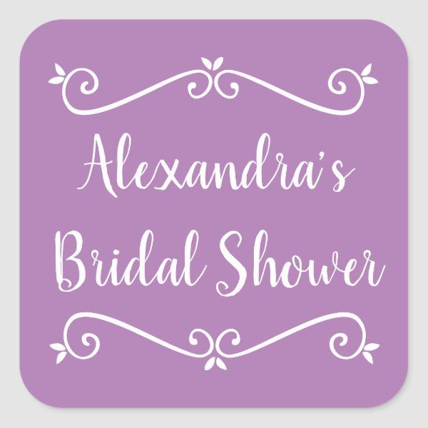 the words alexandria's bridal shower are in white on a purple square sticker