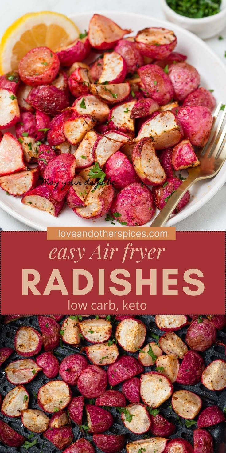 roasted radishes on a plate with lemon wedges and parsley in the background