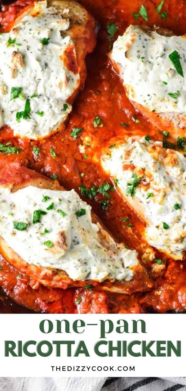 one pan ricotta chicken in tomato sauce with parmesan cheese