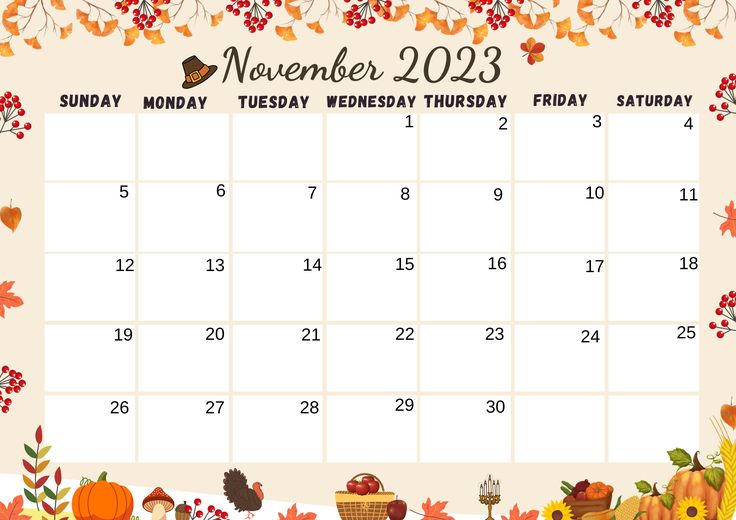 a november calendar with autumn leaves and pumpkins