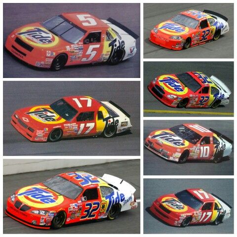 four different pictures of the same race car in various stages and colors, including red, white, blue, yellow, and orange