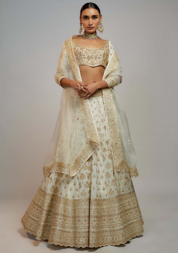 Gopi Vaid-White Shahi Lehenga Set-INDIASPOPUP.COM White And Gold Lehenga, Embroidered Sharara, Gold Lehenga, White Lehenga, Zardosi Work, Half Jacket, Green Lehenga, Sharara Set, Indian Fashion Designers