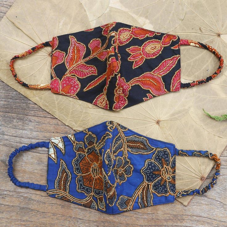 Bali's Wahyu Sulistiani presents this pair of face masks crafted from 100% cotton and hand-stamped in a traditional batik motif. With plastic beads used to augment the design the contoured masks feature two layers of fabric and elastic ear loops for comfort. Masks Crafts, Ear Loop, Women Artisans, Plastic Beads, Jewel Tones, Cotton Tote Bags, Beautiful Fabric, Batik, Hand Stamped