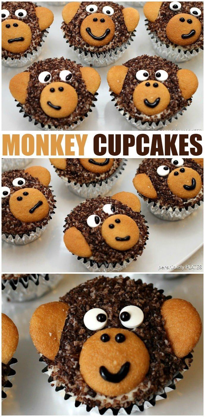 monkey cupcakes with chocolate frosting and googly eyes are shown in this collage