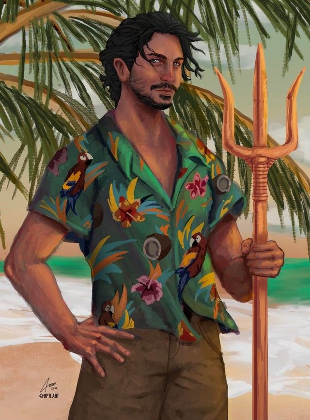 a painting of a man holding a pole on the beach with palm trees in the background