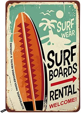 a surf board rental sign with an arrow pointing to the right, on a white background royalty