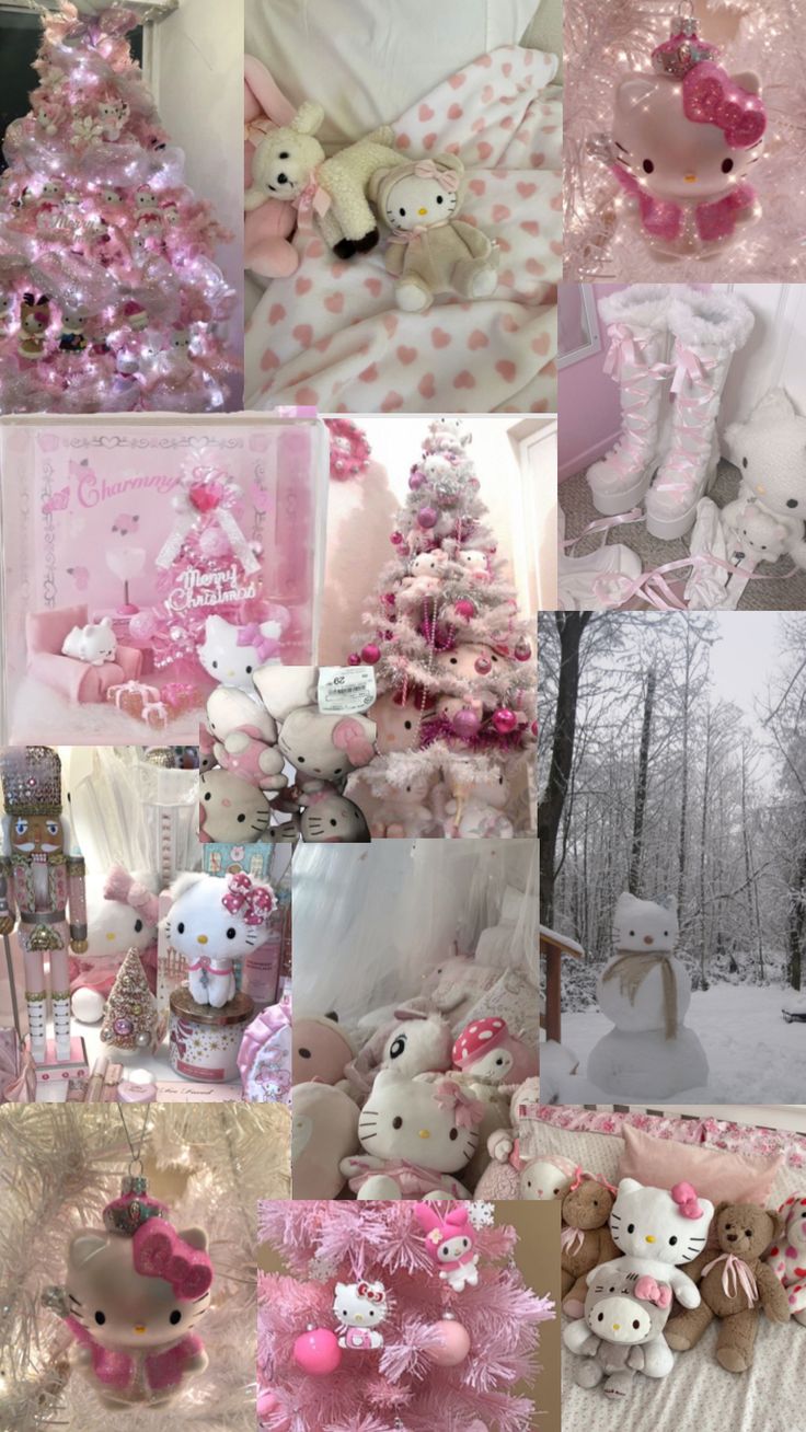 a collage of pink and white teddy bears in various positions, with christmas trees