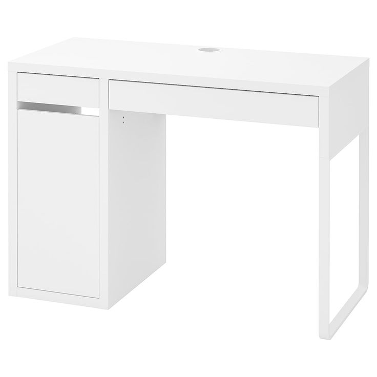 a white desk with a drawer on the bottom and one drawer at the top that is open