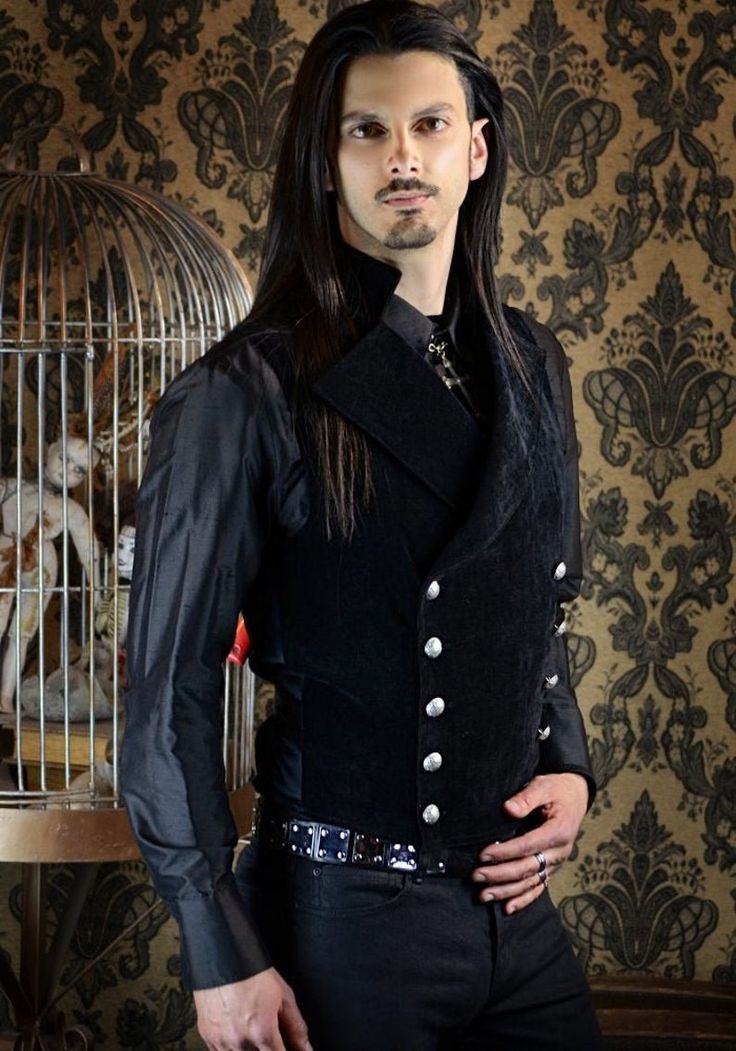 Gothic Vest With Buttons For Fall, Gothic Button Vest For Fall, Steampunk Black Vest For Fall, Steampunk Formal Sleeveless Vest, Formal Steampunk Sleeveless Vest, Fitted Gothic Velvet Outerwear, Gothic Fitted Velvet Outerwear, Black Velvet Costume Outerwear, Formal Sleeveless Steampunk Vest